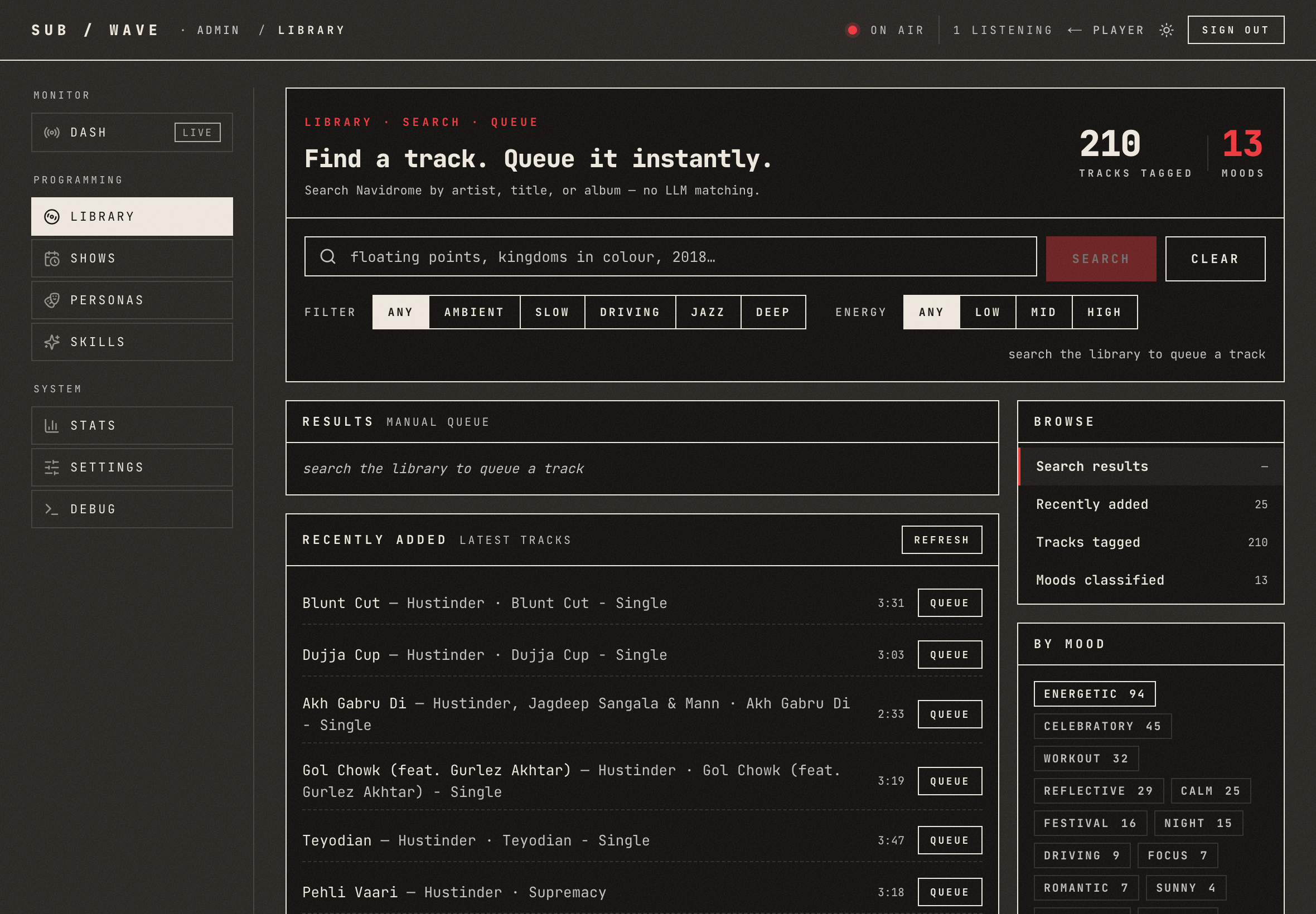 Library: search by text, mood, and energy, queue any track, and run the mood tagger.