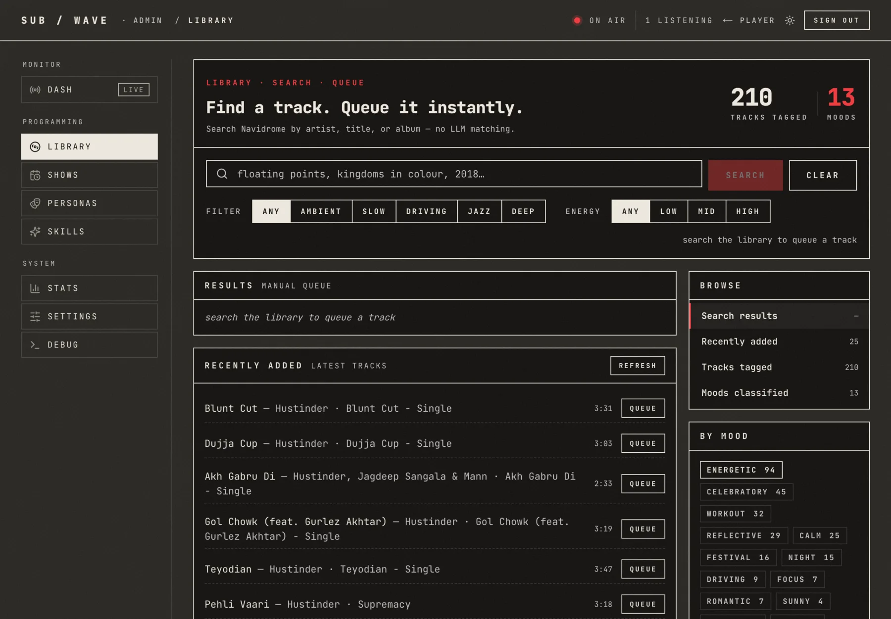 Library: search by text, mood, and energy, queue any track, and run the mood tagger.