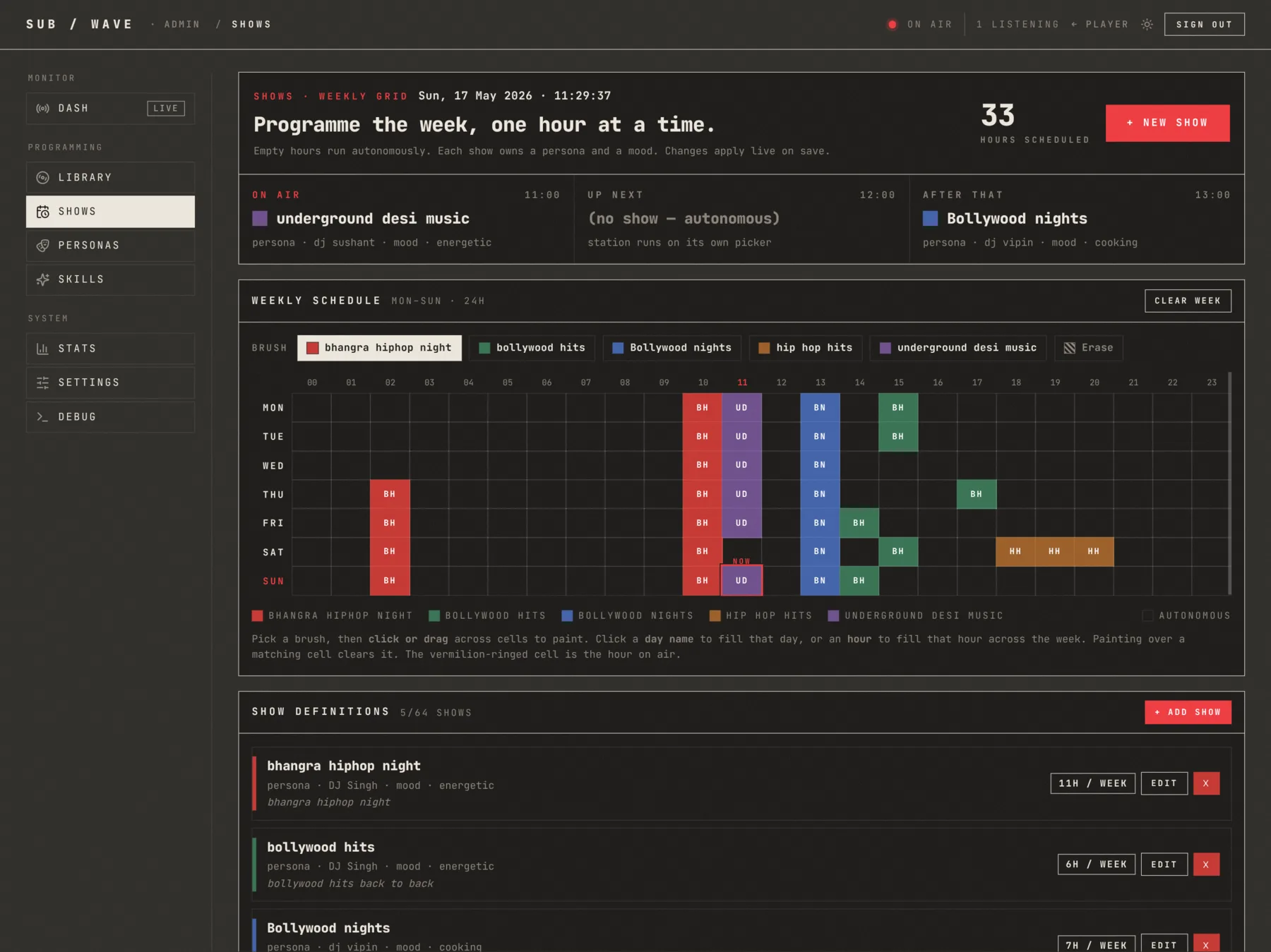 Shows: brush programming onto a 24×7 grid, each slot its own persona and mood.