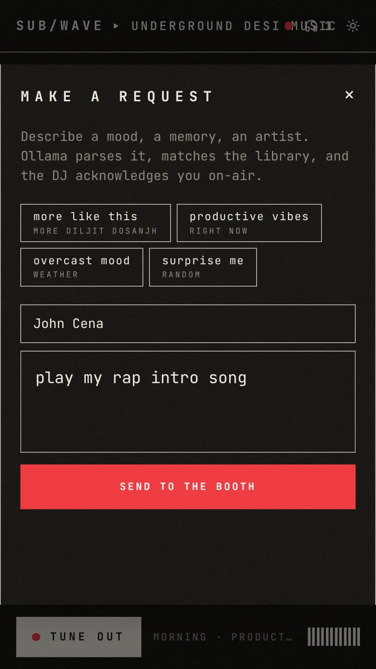 The request drawer: type a song, get an instant ack, watch the match land.